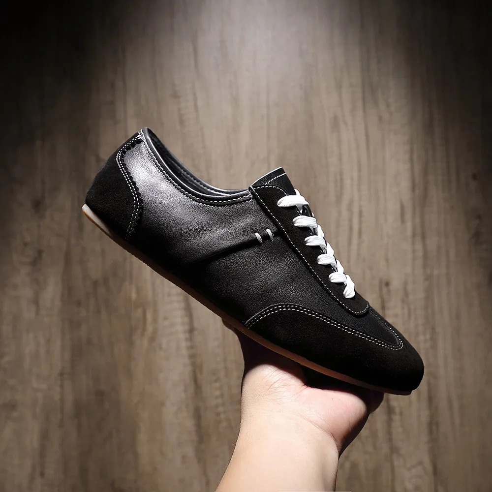 Trendy Men Black Genuine Leather Retro German Trainer Shoes Flat Sole Minimalist Street‑style Casual Sneakers Walking Shoes