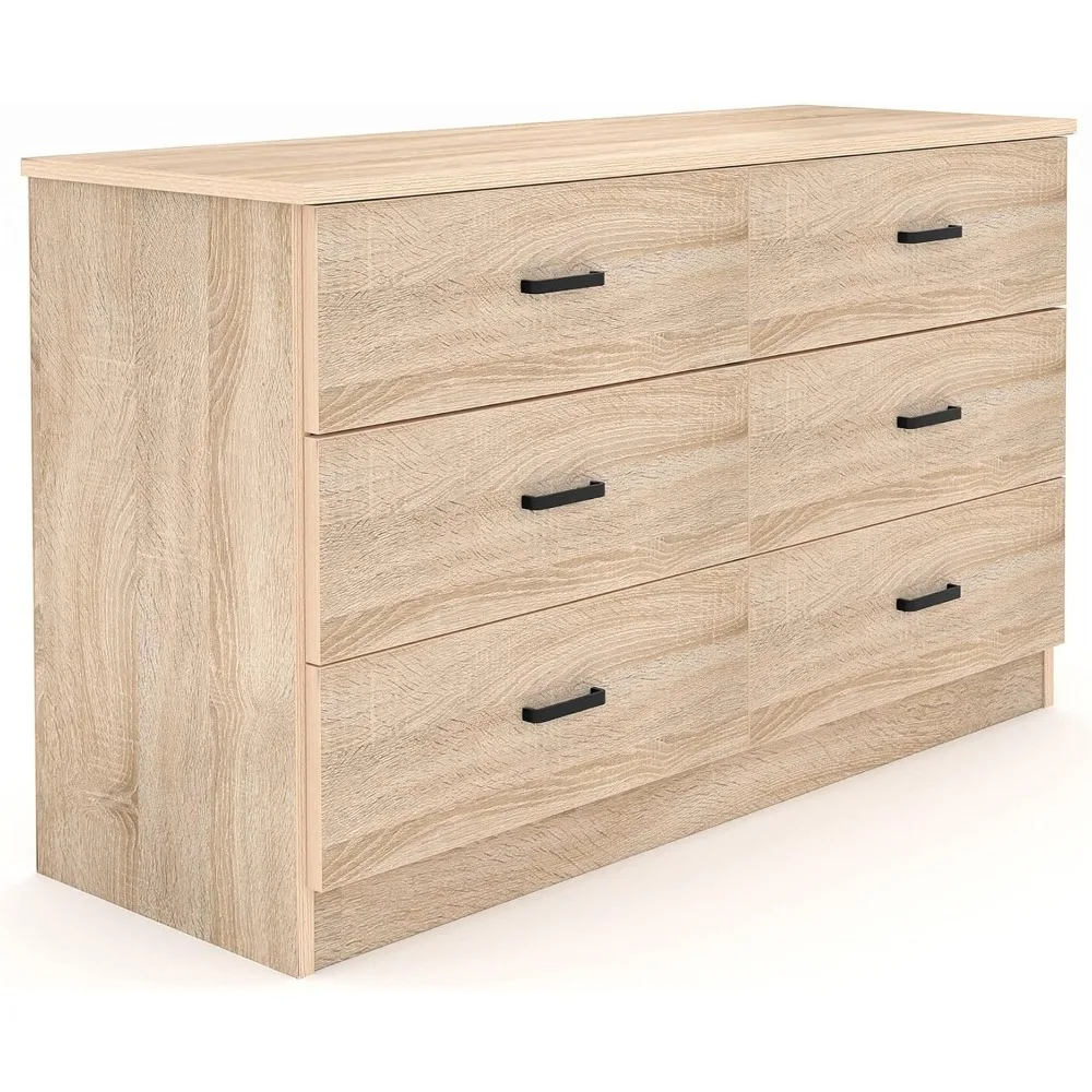 Wood Dresser for Bedroom, 6 Drawer Double Dresser with Metal Handles, 15.8