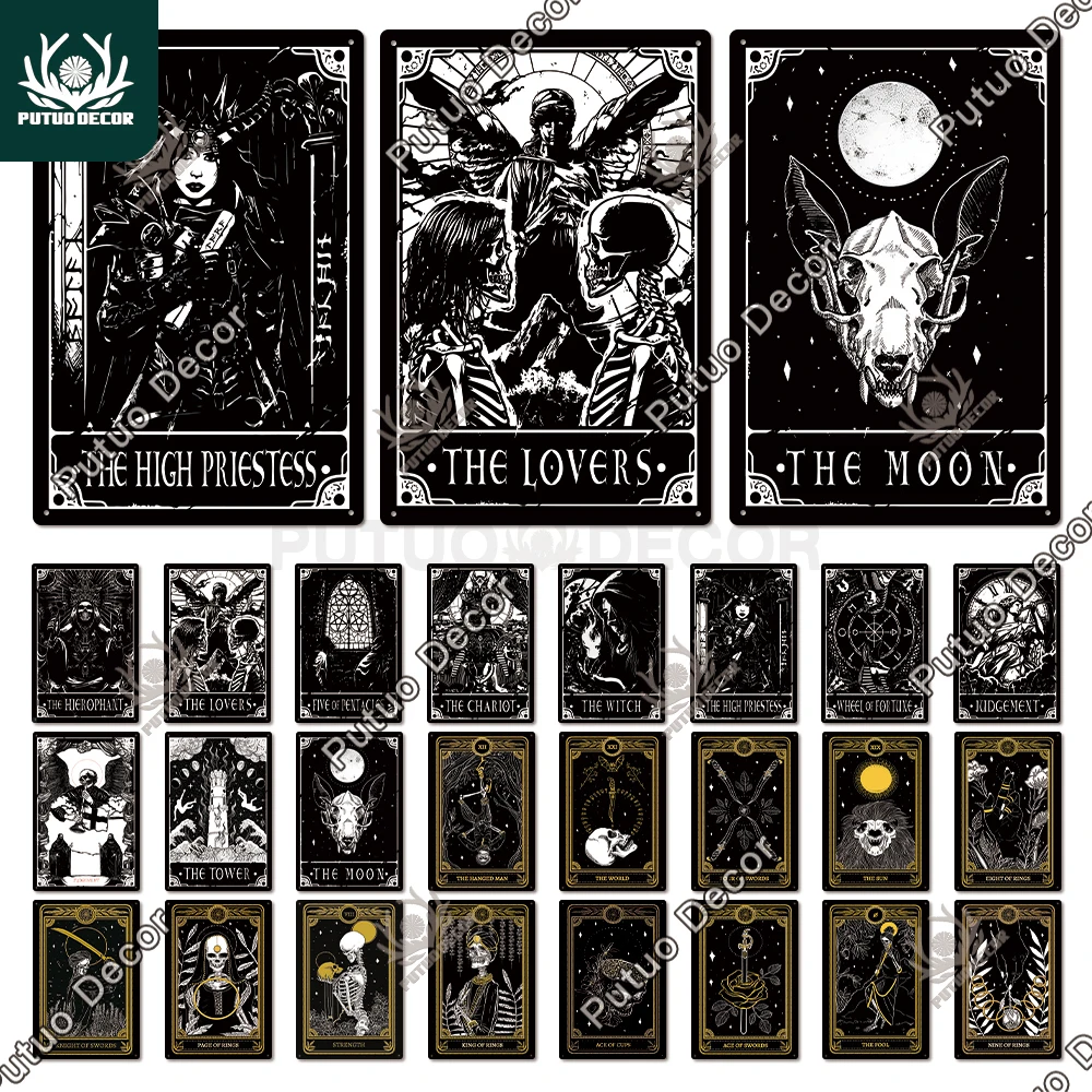 

Металлический постер Putuo Decor Tarot, Оловянная табличка, металлический винтажный психический знак, скелет, жестяной знак, Настенный декор для га...