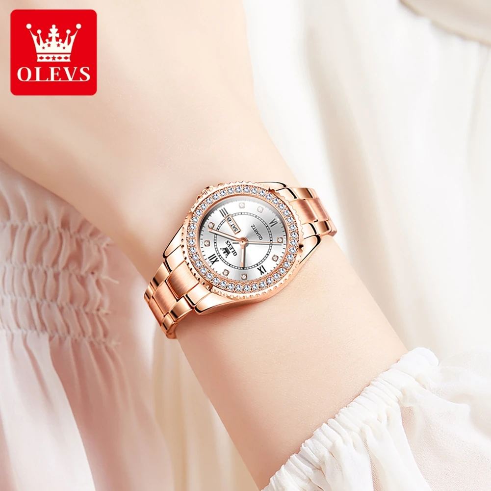 OLEVS Fashion Brand Women\'s Watches Calendar Week Quartz Watch Waterproof Set With Diamonds Romantic Gift Box set Female Watch