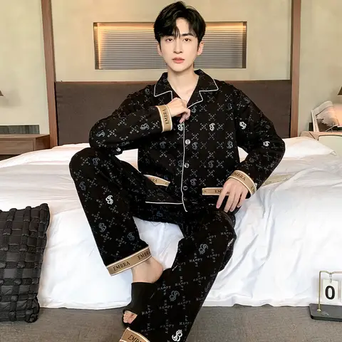 검은 고급스러운 남성 잠옷 세트 가을 겨울 긴 소매 긴 바지 캐주얼 잠옷 부드러운 잠옷 아늑한 Pijamas 성인 Pjs 수면