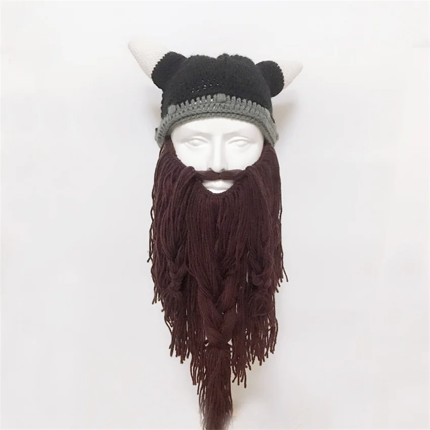 Winter Cos Personality Party Horns Bearded Funny Beanies Skull Hat Outdoor Warm Autumn Snow Viking Blacksmith Cold Cap Cool W189