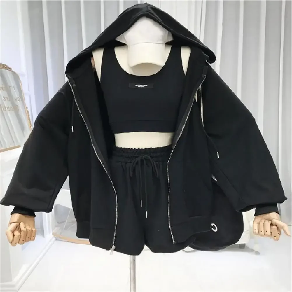 

2024 New Casual 3 Piece Sets Women Vest+Shorts+Hooded Zipper Jacket Sportswear Suits Solid Color Sports Tracksuit Women