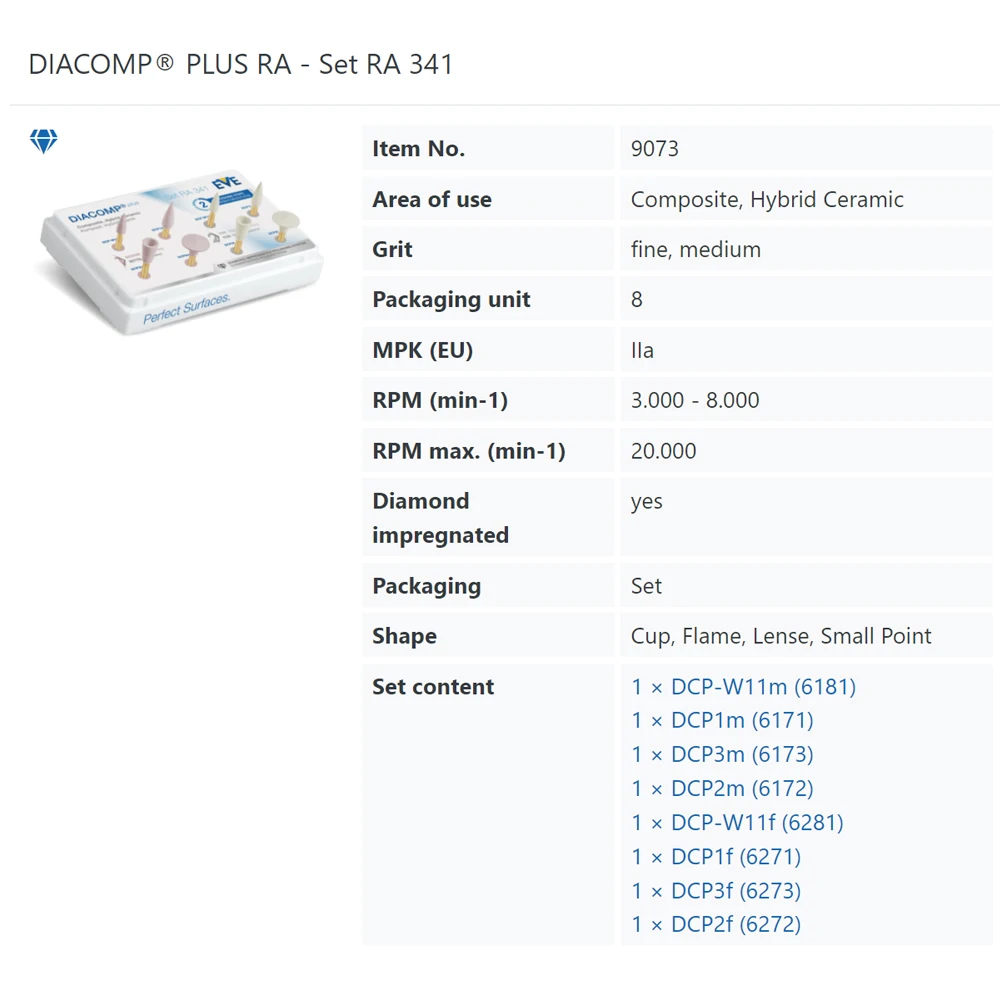 EVE Dental Composite Polishing Set RA341 Diacomp Plus Twist Grinding Instrument Kit Hybrid Ceramic Dentist Clinic Burs Products