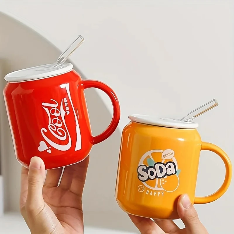 

400ml Ceramic Straw Mug Creative Coke Can Shape Cup High-Value Coffee Drink Cup Gift Cup