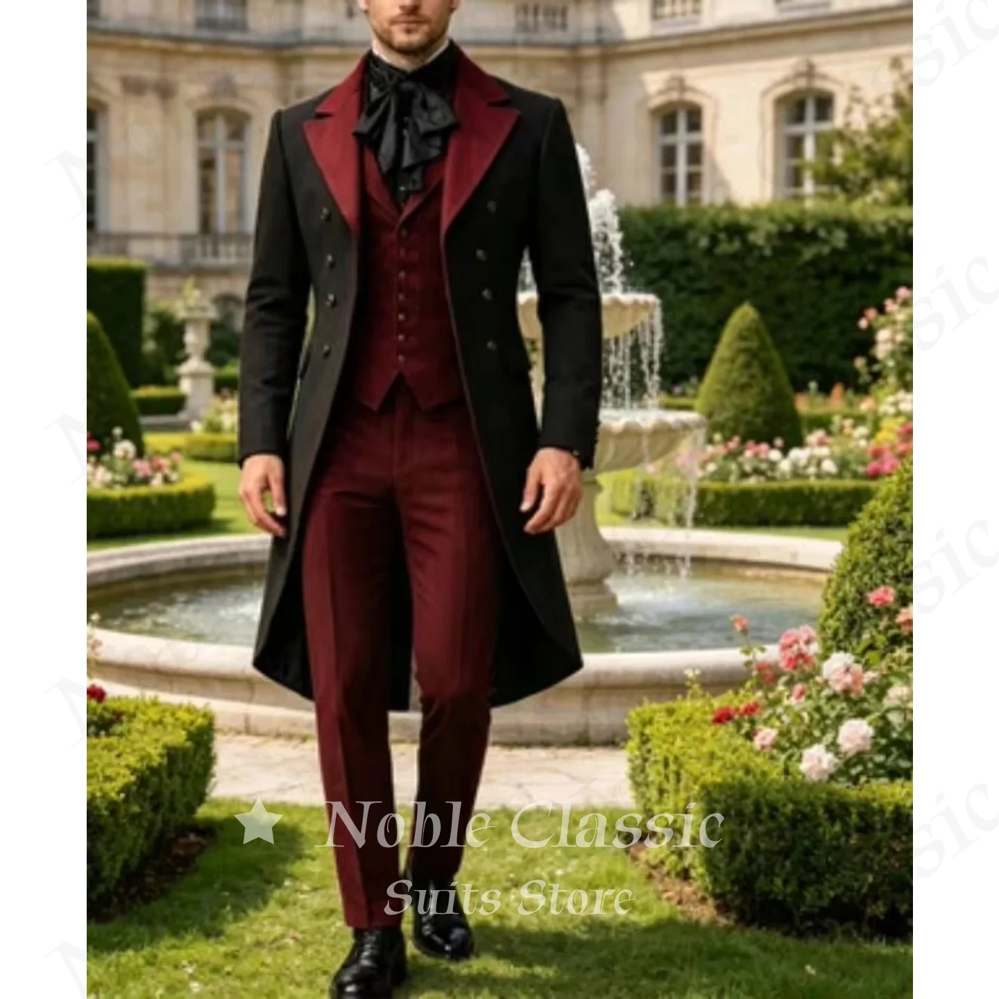Black Burgundy Long Tail 3 Piece Men Victorian Tuxedo Satin Peak Lapel Slim Fit Waistcoat Pants Gothic Wedding Groom Customized