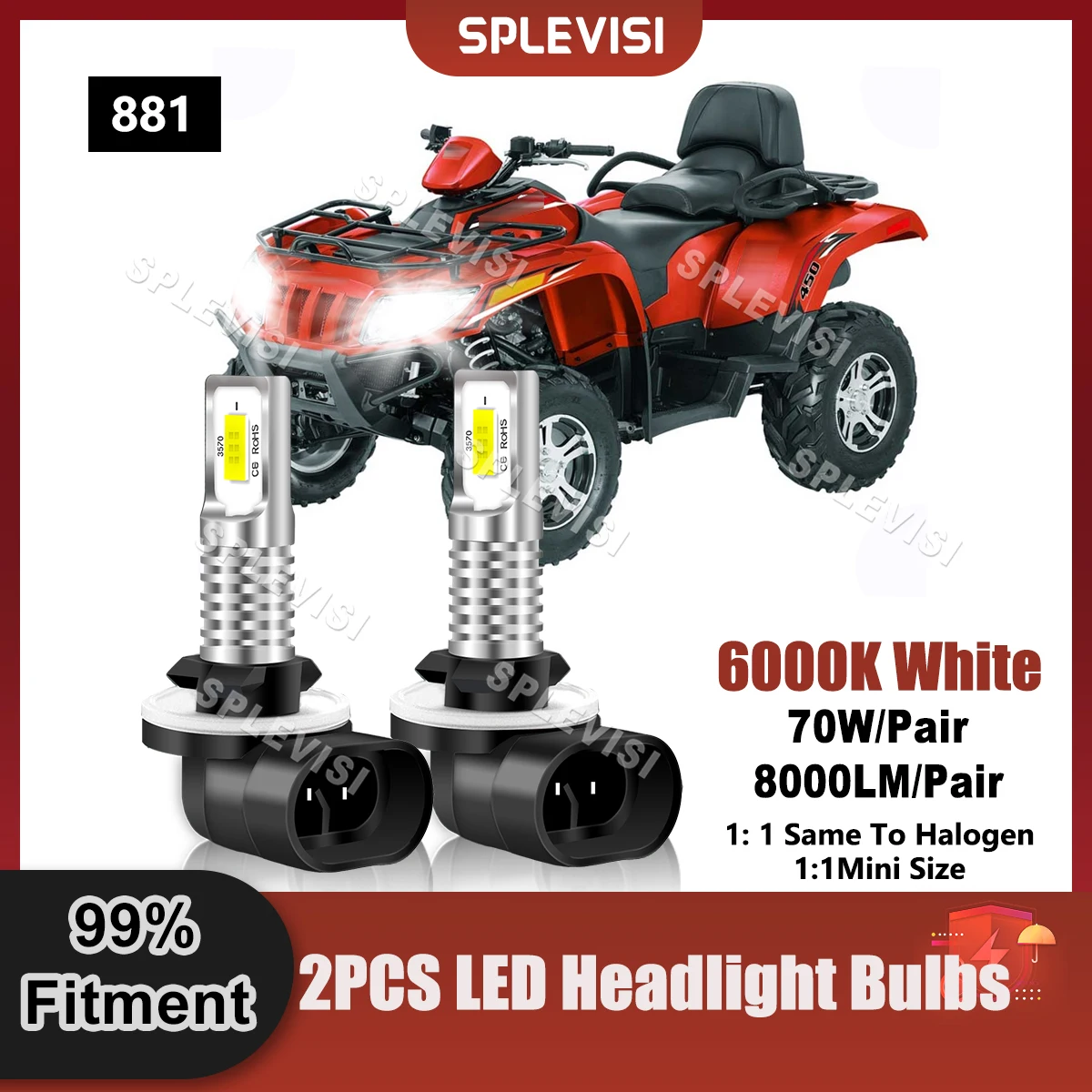 SPLEVISI 881 LED Headlight Bulbs 70W 8000LM Compatible For Arctic Cat Bearcat 570 Long Track 2004-2008 660 Wide Track  2007-2008