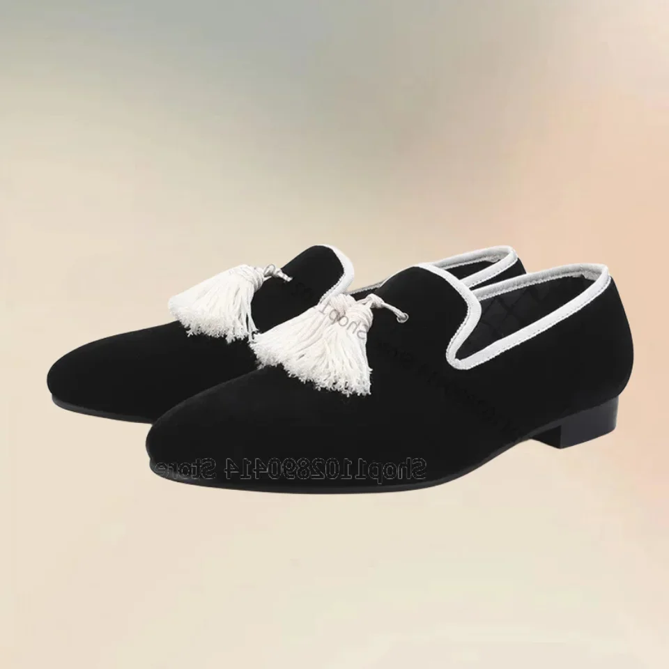 

White Tassels Decor Black Flock Men Loafers Fashion Slip On Men Shoes Luxurious Handmade Party Banquet Office Men Casual Shoes
