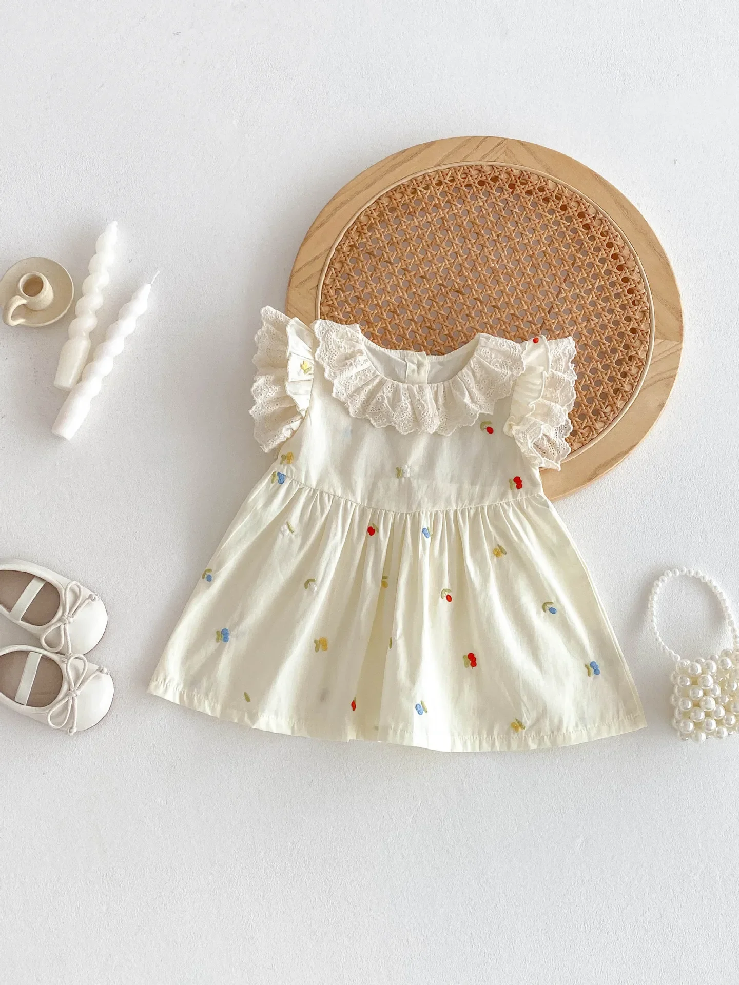 

2025 Summer New Pure Cotton Baby Girl Dress - Korean Style Floral Embroidery Lace Trim Sleeveless A-Line Princess Dress