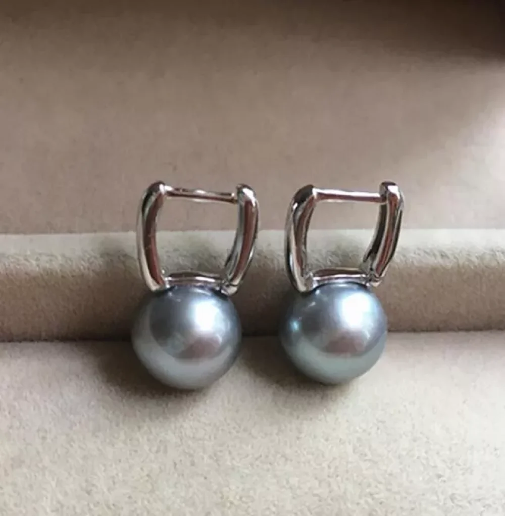 

Real AAAA 8-9mm NATural Gray Akoya ROUND Pearl Earrings Fashion Hook Earrings 925s 10-9mm