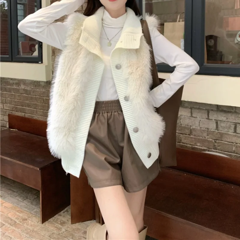 Standing Collar Knitted Patchwork Vest for Women, 2024 Winter New Loose Plush Sleeveless Jacket