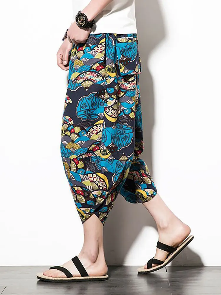 

Винтажные пляжные шорты, брюки, мужские хлопковые льняные брюки в стиле чино, свободные повседневные беговые капри с этническим принтом, мужские брюки