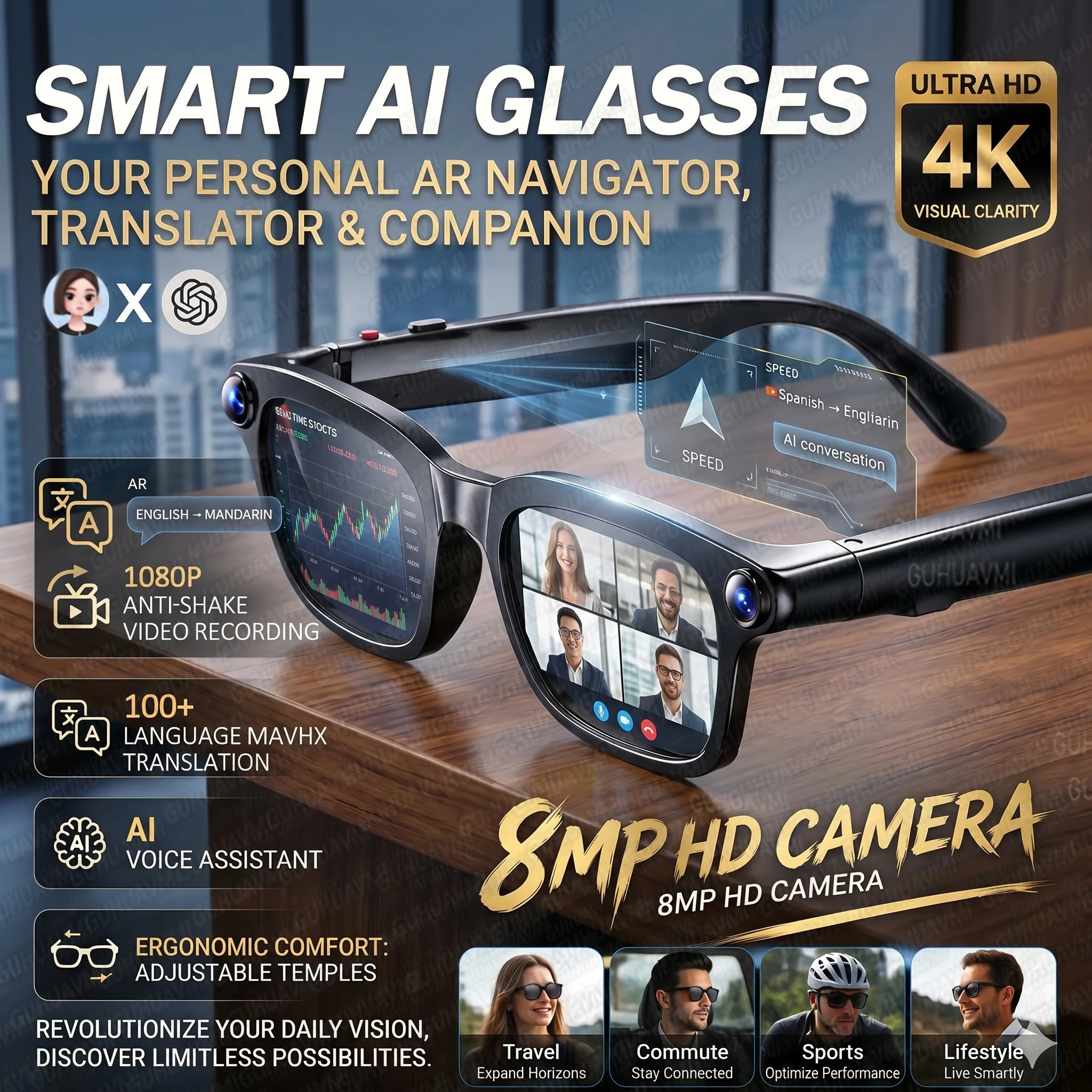 

New Business Sports Smart Glasses Men 8MP Anti-shake Camera 100+Language Translation ChatGPT AI Assistant Video POV AI Sunglass