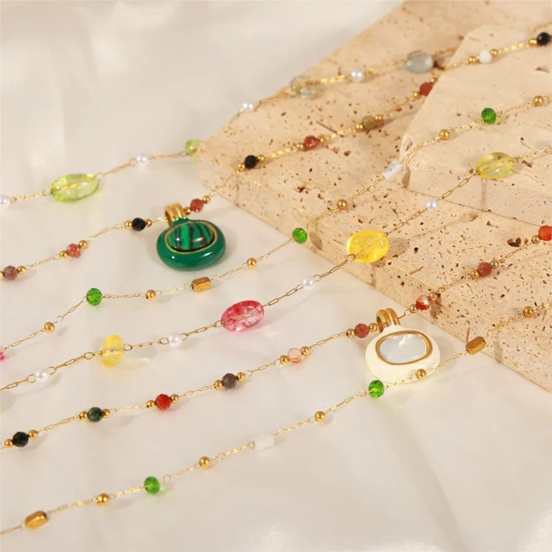 Malachite Pendant Necklace For Women Stainless Steel Gold Plated Natural Stone Pearl Beads Female Necklaces Luxury Woman Jewelry