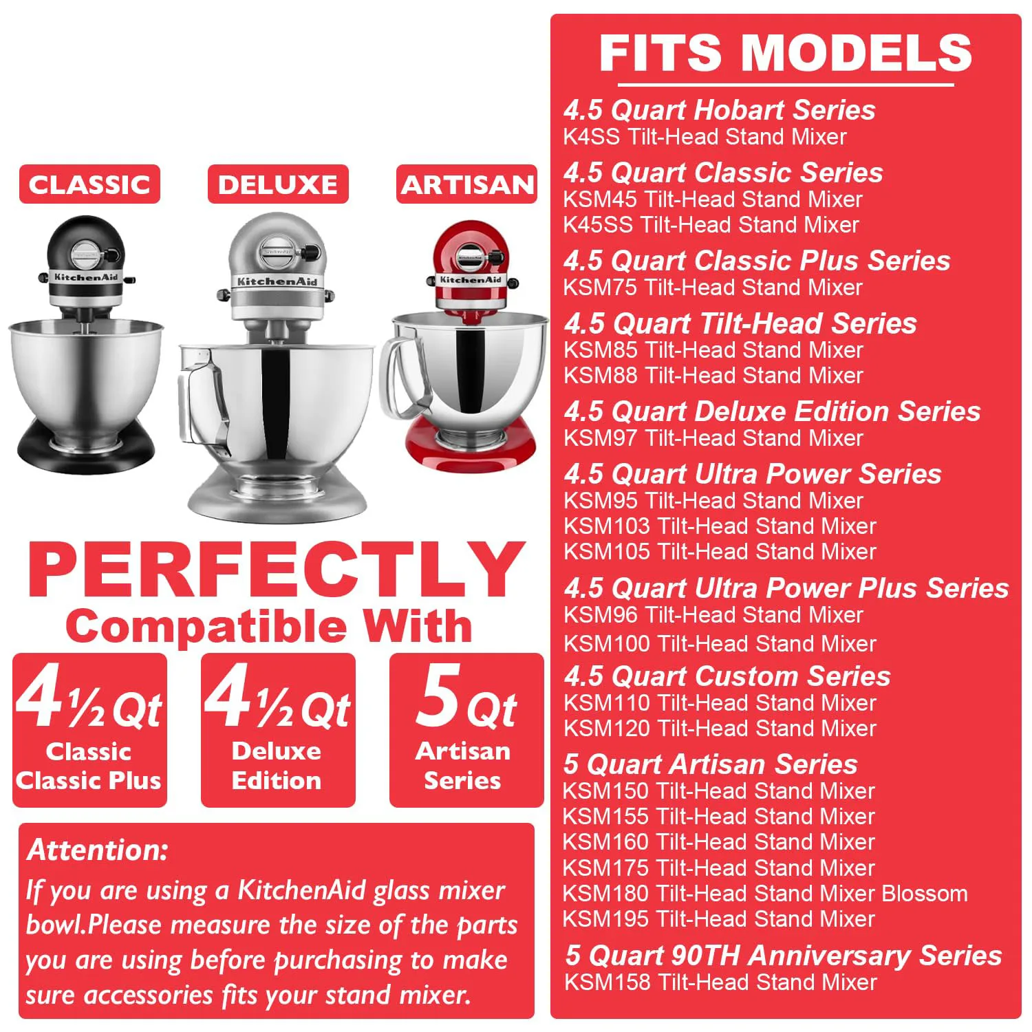 مرفقات الخلاط لخلاط كيتشن ايد 4.5-5QT برأس مائل من الفولاذ المقاوم للصدأ K45WW سلك سوط K45DH خطاف العجين المسطح