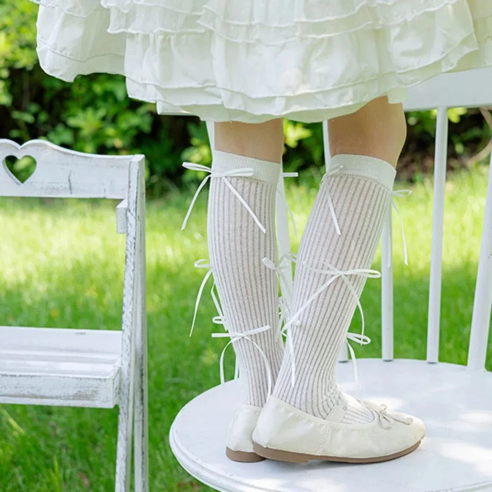 

Милые однотонные балетные носки в корейском стиле, осенне-зимние чулочно-носочные изделия средней длины, тканевые аксессуары с лентой и бантом, тонкие женские чулки