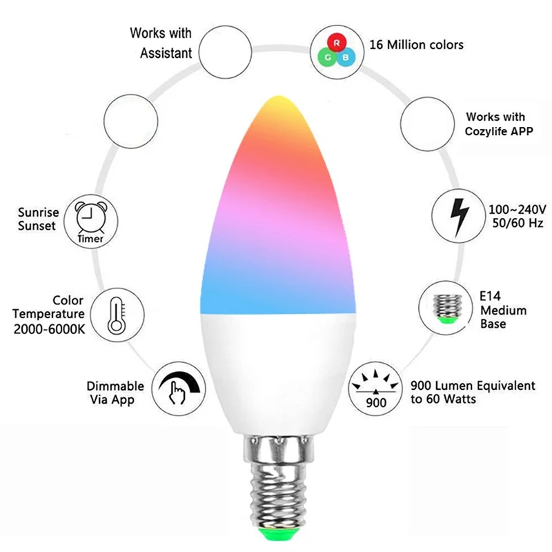【Top Picks】Smart Candle Light WIFI Remote Control Remote Support Alexa Voice RGBCW Wireless Table Lamp E14 Spike Bulb