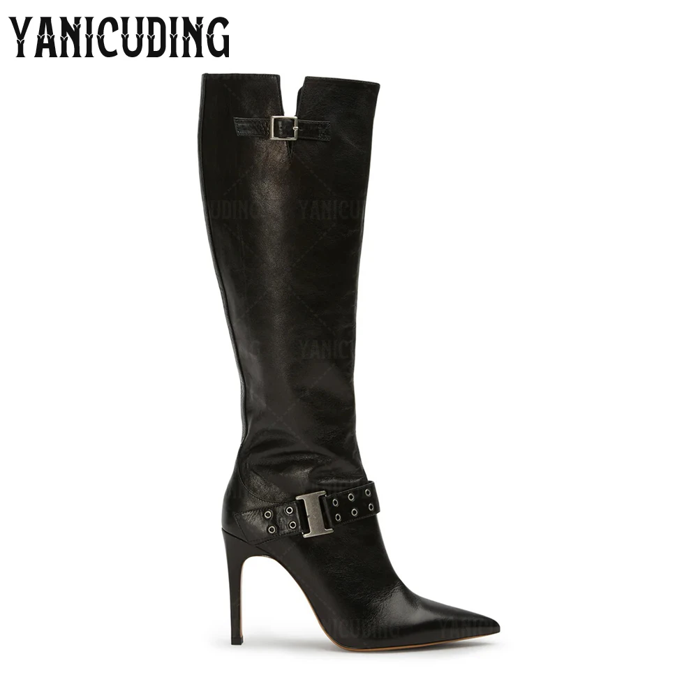 

Black PU Leather Knee High Boots Chic Buckle Detail Zipper Boots Sexy Style Pointed Toe Stiletto Women Boots Custom Multicolor