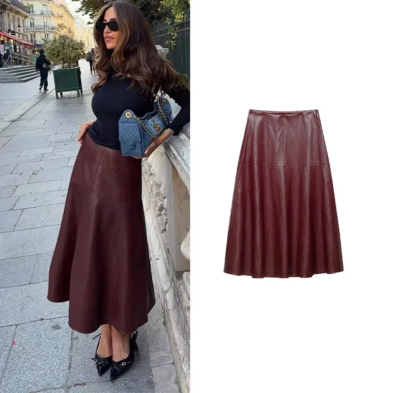 HipSeam Women's Leather-Effect Layered Midi Skirt New 2026 Autumn Side Zipper Lady Skirt A-Line Female Skirts
