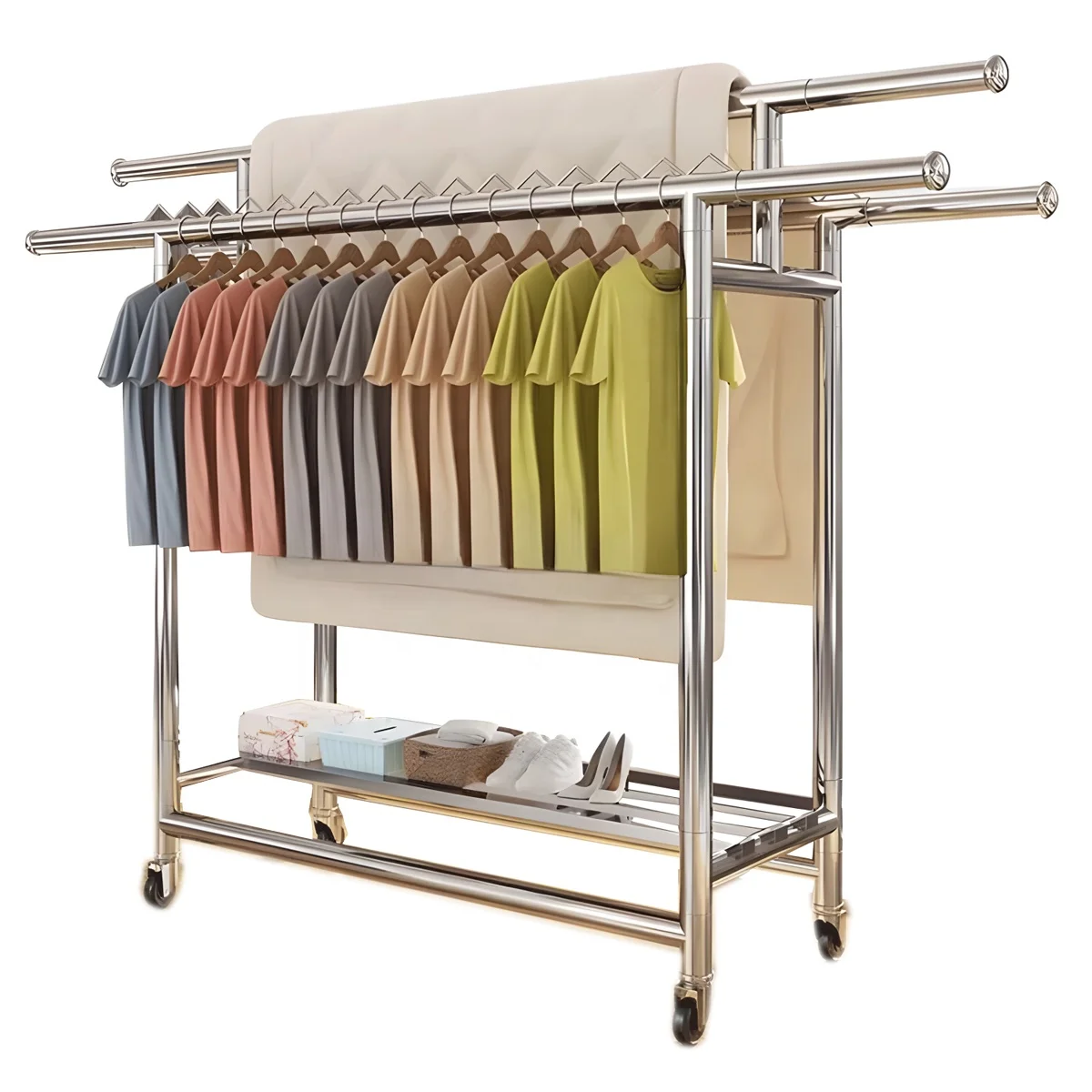 Telescopic Detachable Mobil Garment Rack Stainless Steel Foldable Clothes Airer Indoor/Outdoor Portable Drying Pole Coat Rackspr