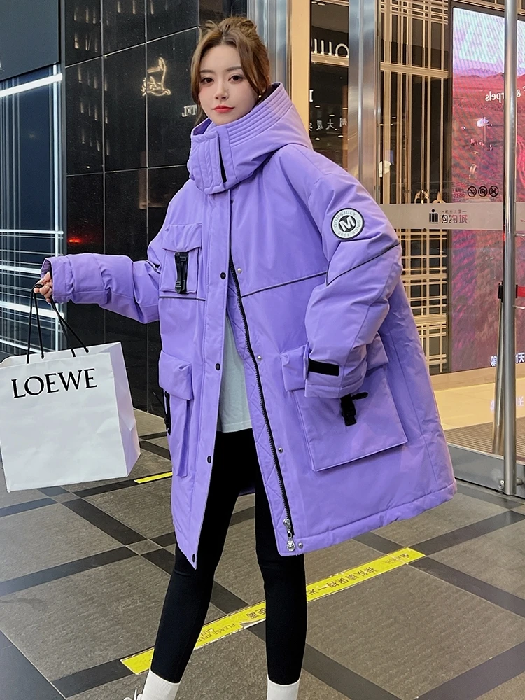 2023 New Down Coat Women's Mid length Korean Version Loose and Fashionable Combination Contrast Color Waist Style Coat