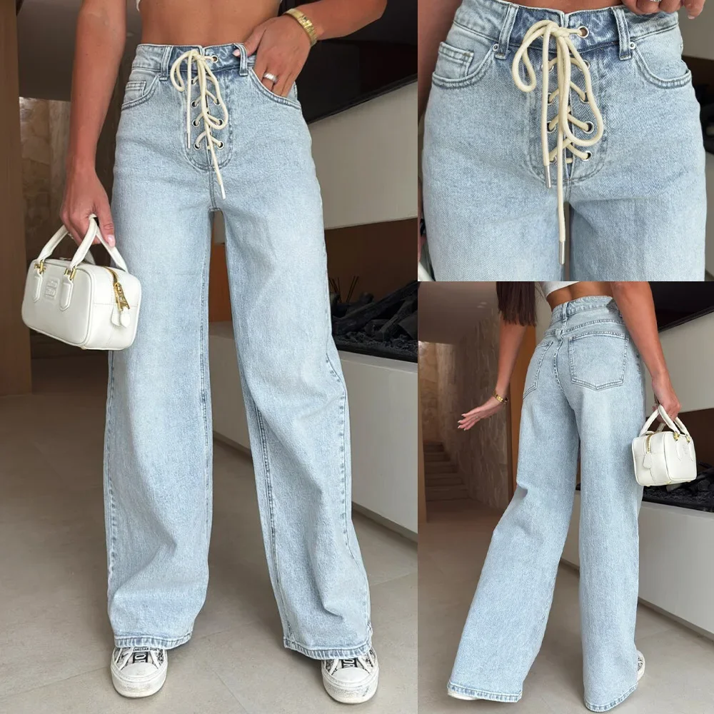 Women Denim Pant Washed Splice Work Casual Wide Leg Long Pants Jeans High Waist Lace Up Straight Trousers Spring