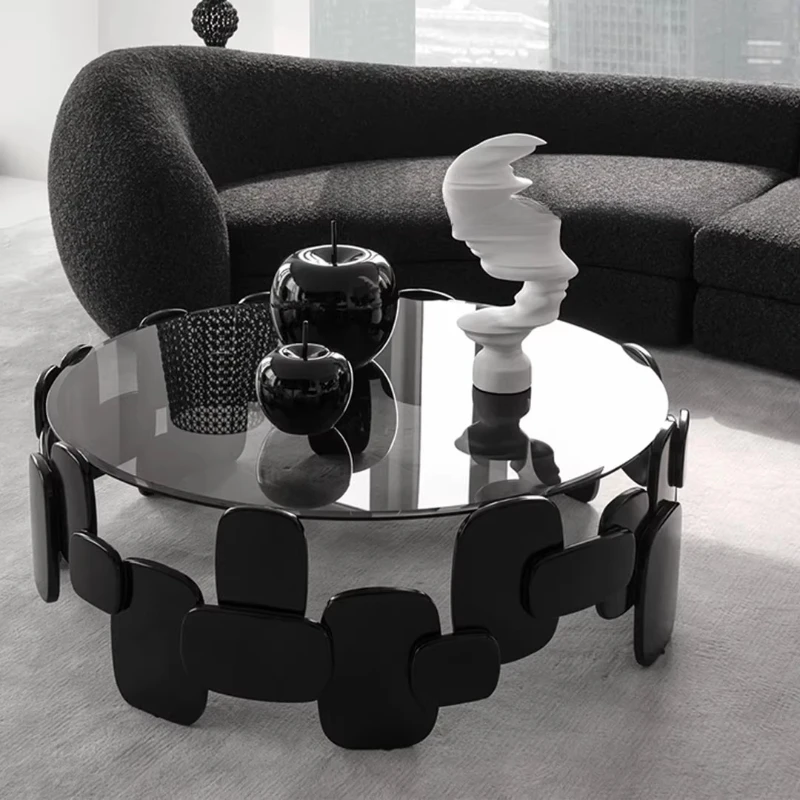 

Light luxury simple tempered glass round coffee table home living room hotel lobby design black coffee table