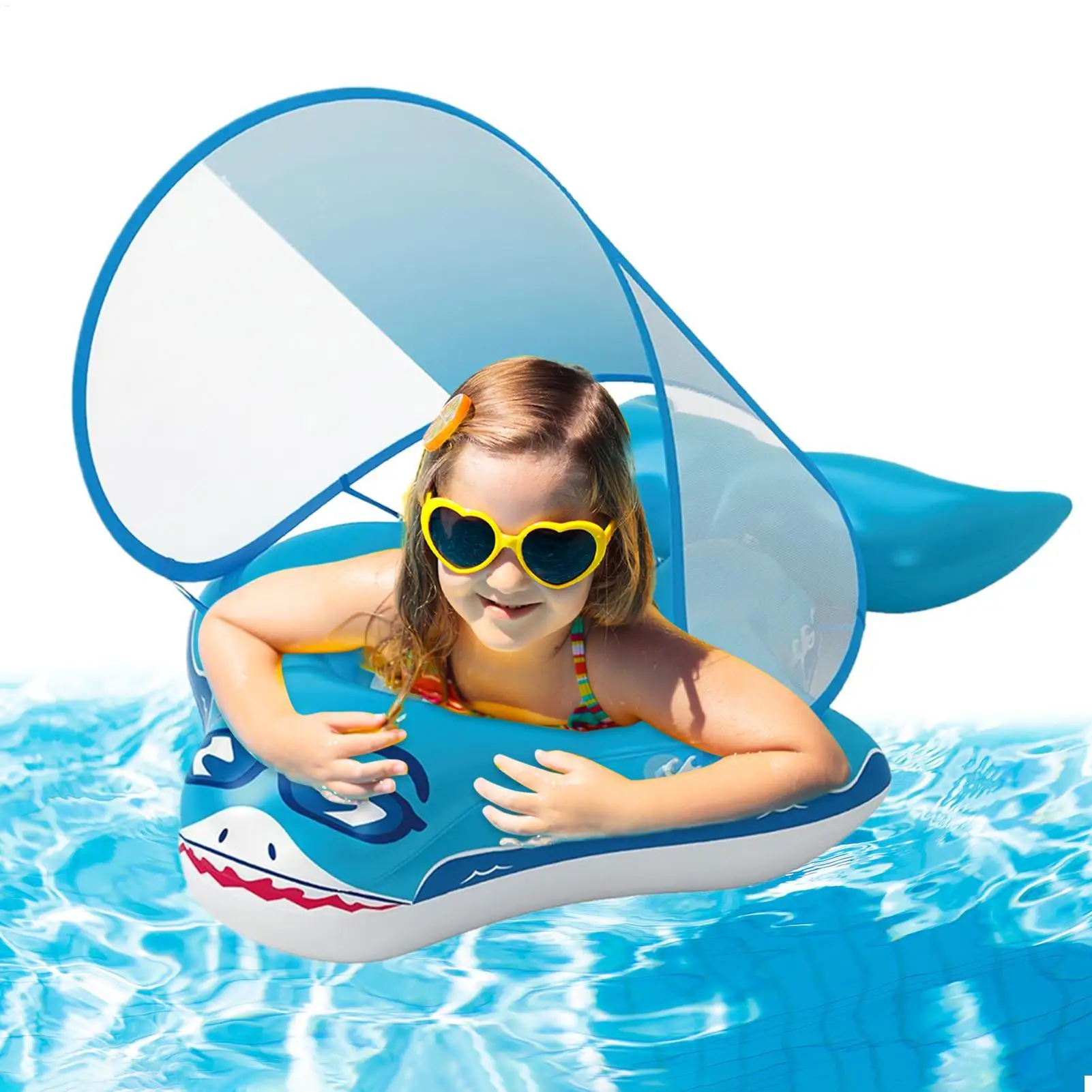 

Baby Pool Float Safety Baby Pool Float Ring With Sun Canopy Foldable Fun Shark Shape Ring With Shade For Swimming Outdoor