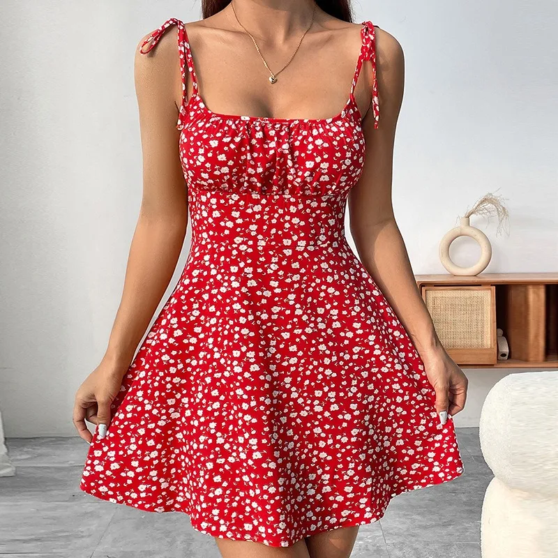 Elastic Waist Vacation Sexy Suspender Skirt Women Age Reduction Summer Commuting  New French Smudge Floral Suspender Short Dress