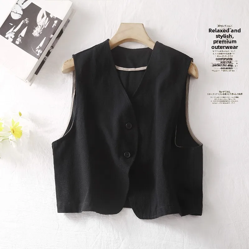 Pure Cotton Short Sleeveless Vest Women's Autumn  Color Versatile Button up V-Neck Top Small Jacket Fashion Staple