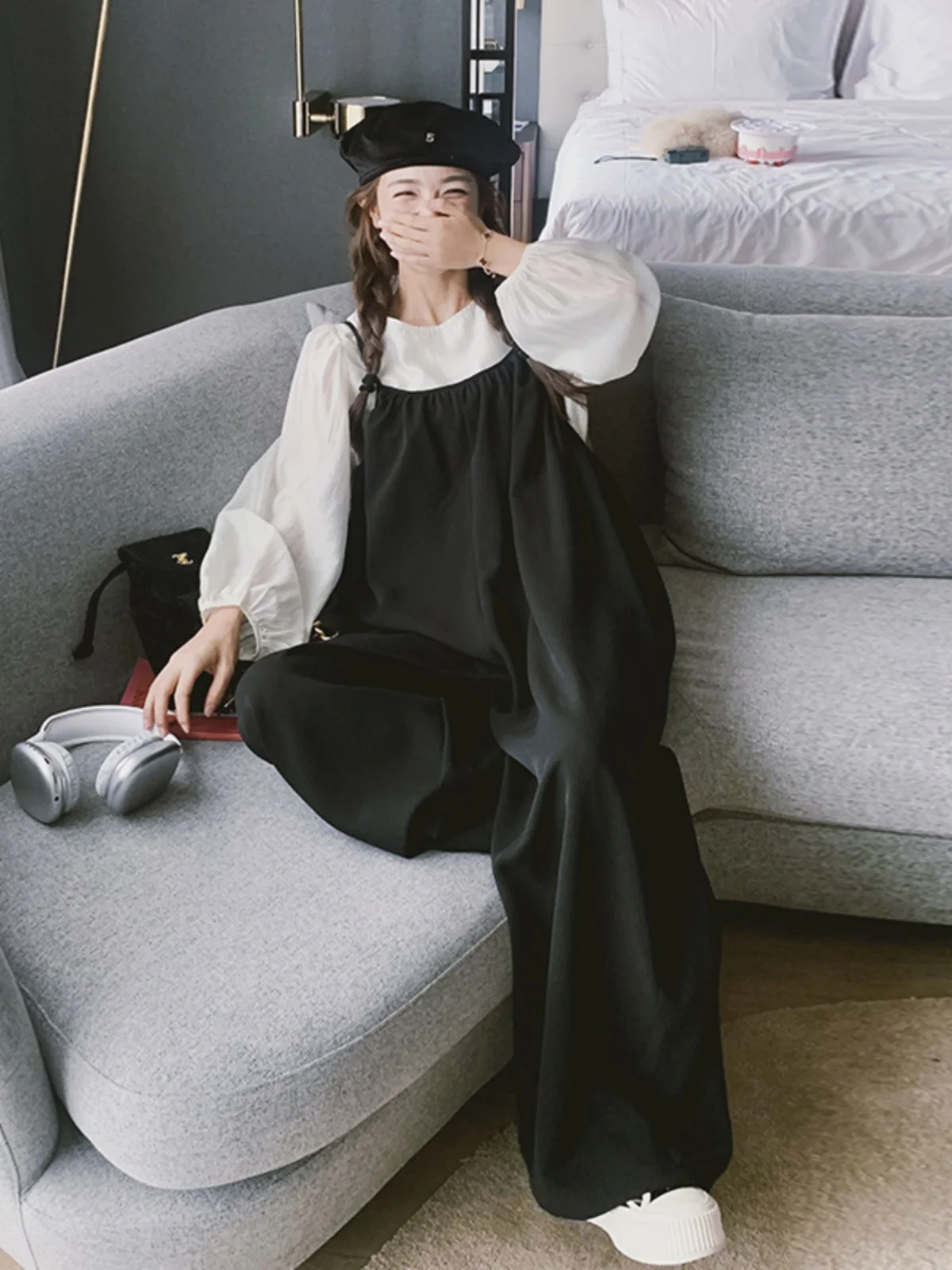 

Весенне-осенний женский комплект из двух предметов: комбинезон с широкими штанинами и топ, серия Sweet and Sal Milk, универсальный размер, модный наряд