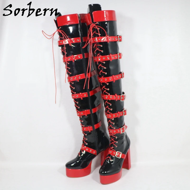 Sorbern Black Red Crotch Thigh High Boots Women Block Heels Platform Winter Style Cross Dresser Boot Unisex Custom