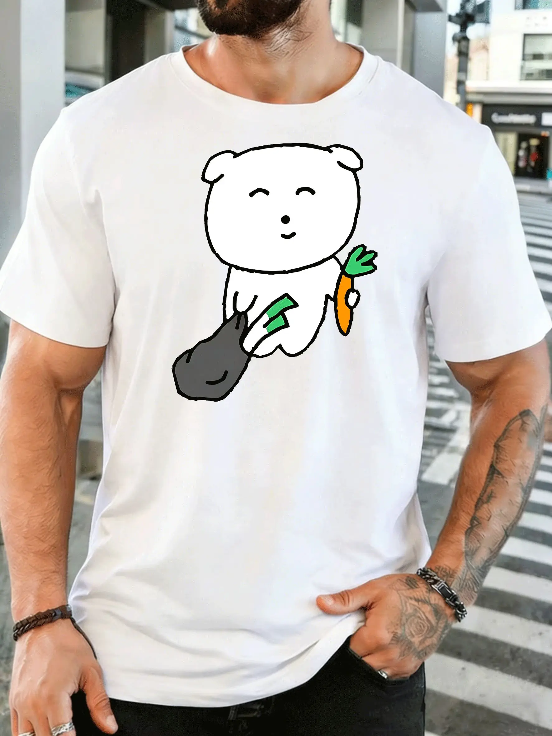 Simple Line Drawing White Bear With Carrot Mens Front Print T Shirt Cute Doodle Graphic Tee Casual Short Sleeve Animal Fan Gift