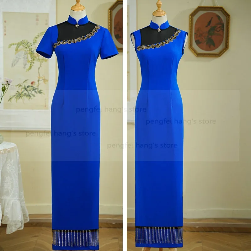 

Синее улучшенное женское платье Ципао с кисточками, длинное Ципао, большой размер 3Xl4Xl5Xl, новое платье в китайском стиле, традиционное Ципао с воротником-стойкой