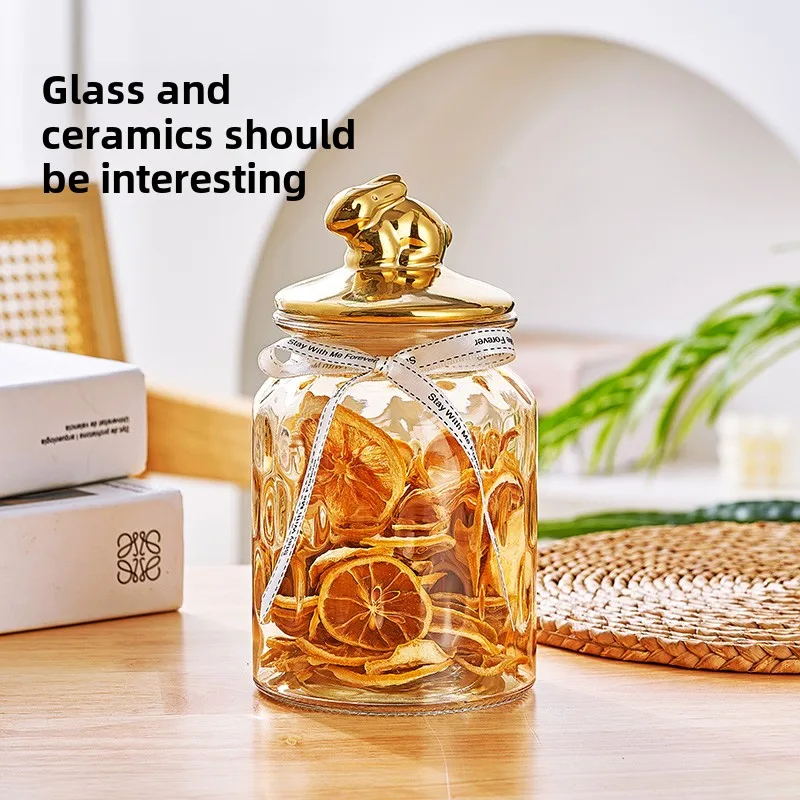 Creative Amber Clear Glass Jar Gold Bunny Glass Bottle Candy Oatmeal Storage Jar Kitchen Seal Food Container Home Decoration