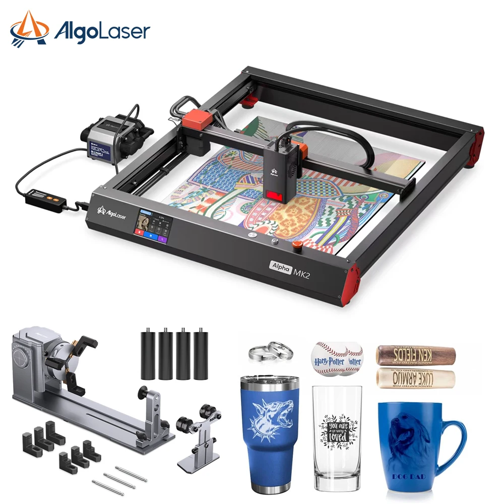 AlgoLaser Alpha MK2 grabador láser 4 en 1 Kit de rodillo giratorio para anillo de vaso de vidrio pantalla táctil de 3,5 "aplicación herramientas de Control sin conexión