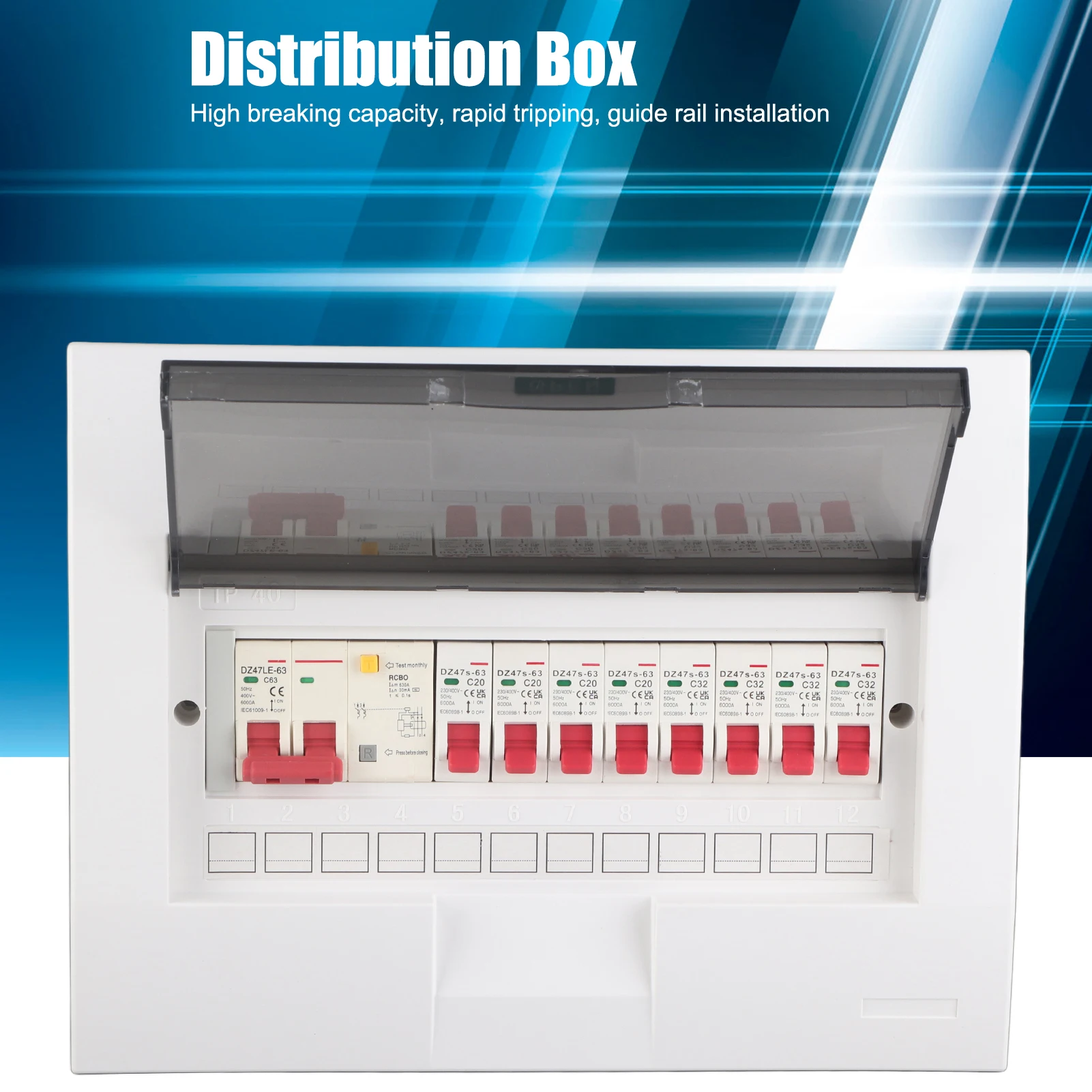 Distribution Box Indoor Lighting Concealed 8 Way + 2P Leakage Protection Switch 63A 230/400V
