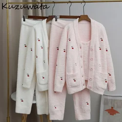 Kuzuwata 2024 Autumn Winter Women Sleepwear Soft Thick Cute Embroidered Homewear Pajamas Cardigan Camisoles Trousers 3pcs Suits