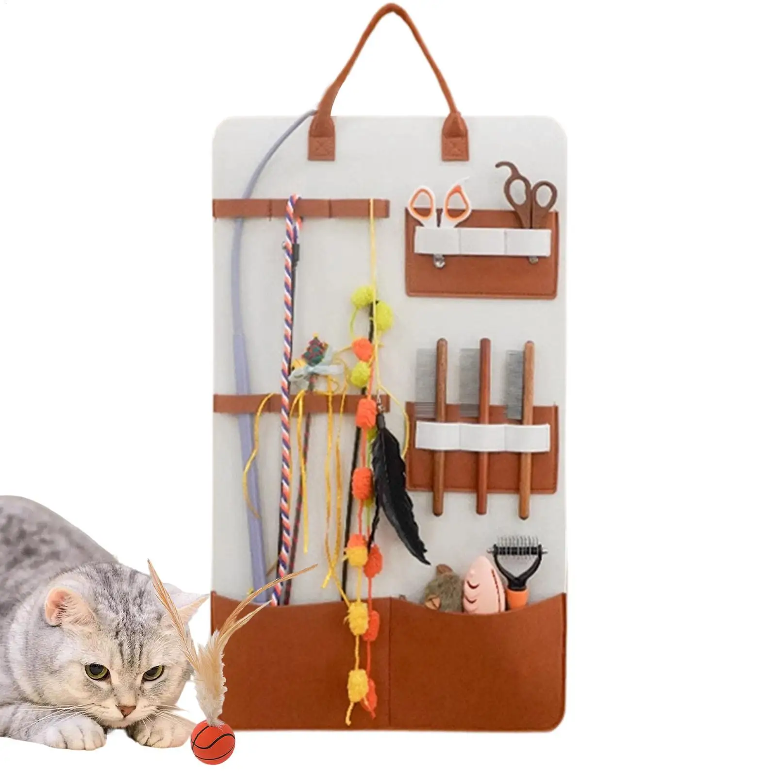 猫のおもちゃ収納 猫じゃらしおもちゃ 壁掛け収納バッグ ペット用品整理 壁掛けポケット ホームデコレーション 子猫用アクセサリー