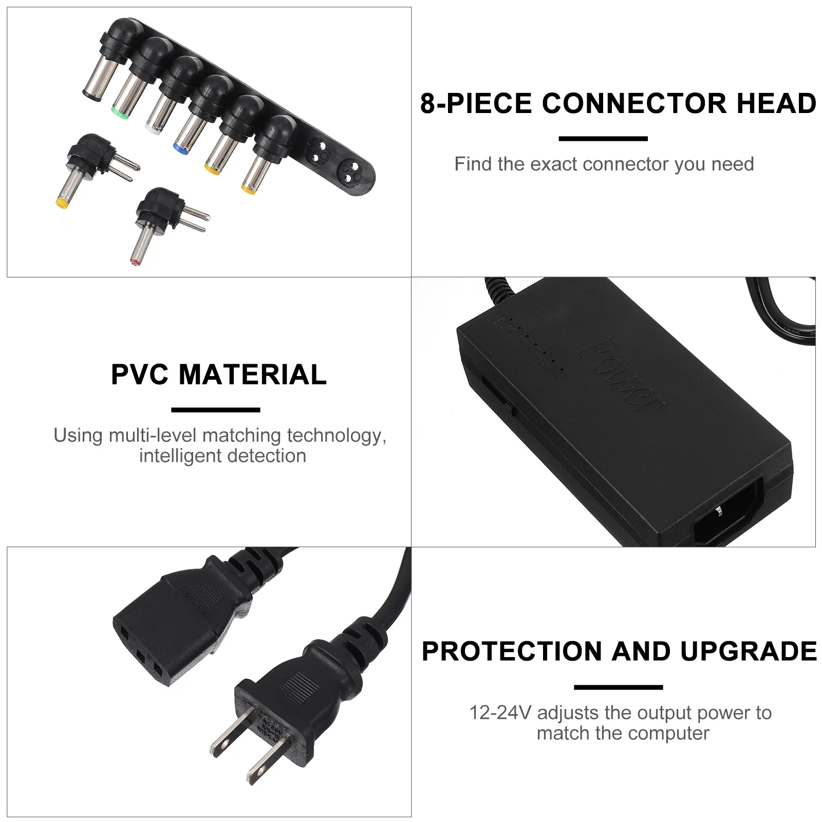 

1 Set Laptop 12V-24V Power Adapter Durable Heat Resistant Corrosion Proof Lightweight Portable 8 Connector Heads Home