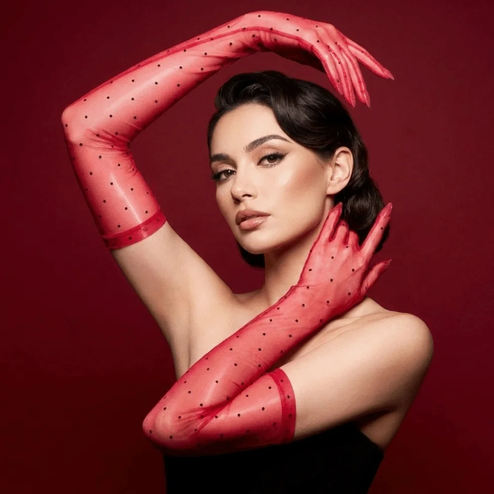 Stretchy Polka Dot Five Finger Gloves Oil Shiny Smooth Sheer Gloves Ultra-thin Stretchy Stockings Gloves Evening Wear