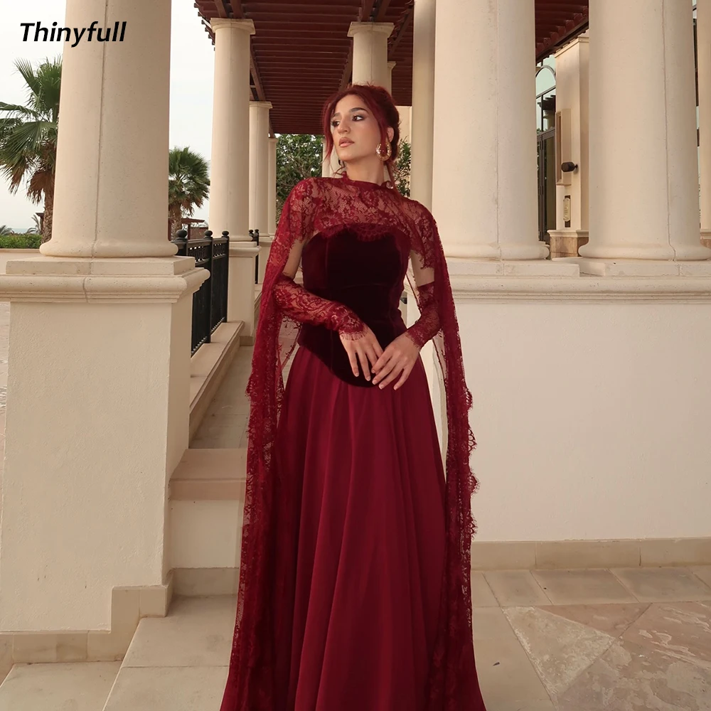 

Thinyfull A-line Chiffon/Velvet Prom Dress Sleeveless Lace Sleeves Evening Dresses Dubai Long 2025 Gown Robe De Soirée Customize