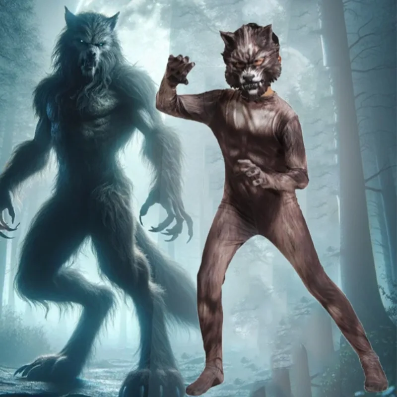 Disfraz de hombre lobo de Halloween con máscara para chico, accesorio de Cosplay de escenario para fiesta, monos Zentai para disfraz de Festival de Carnaval