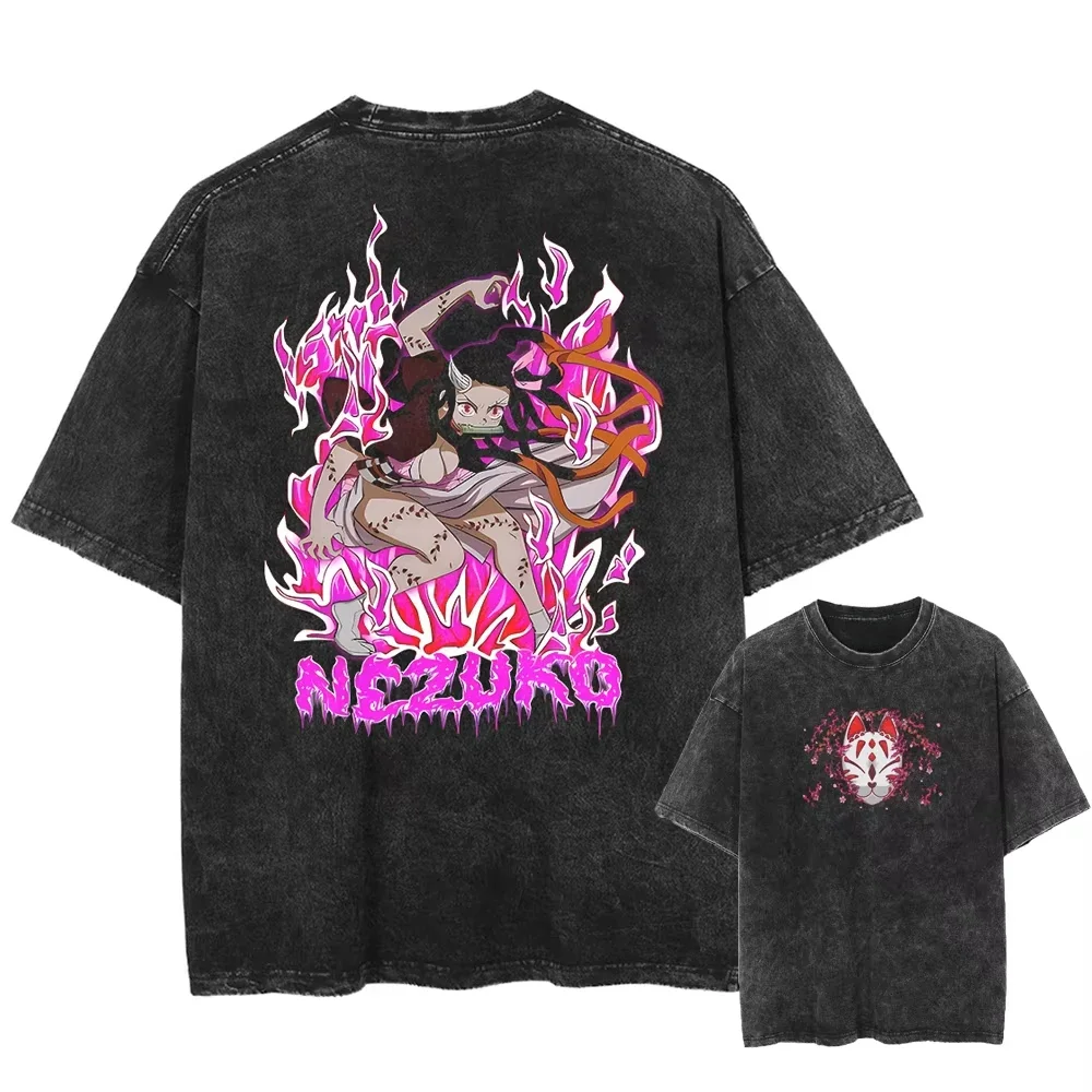 

Men's Anime T-shirt, Streetwear, Demon Slayer, Japanese Anime Pattern T-shirt, Summer Washed Black T-shirt, Harajuku
