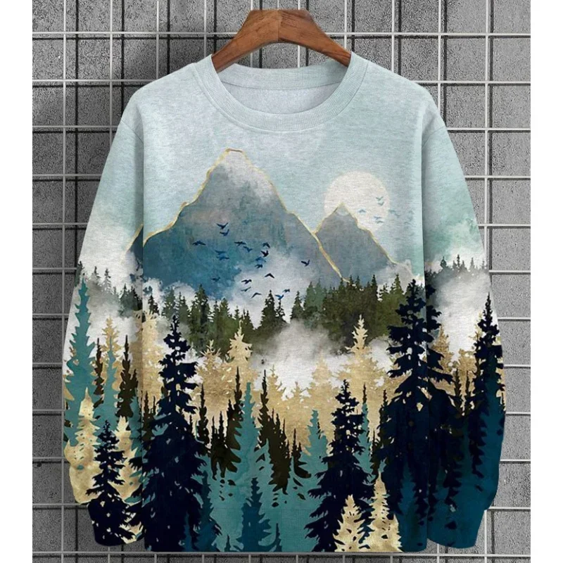 Polyester Men‘s Forest Tree Pattern Hoodie Mountain Plant 3D Print Pullover Autumn Street Long Sleeve Round Neck Loose T-shirts