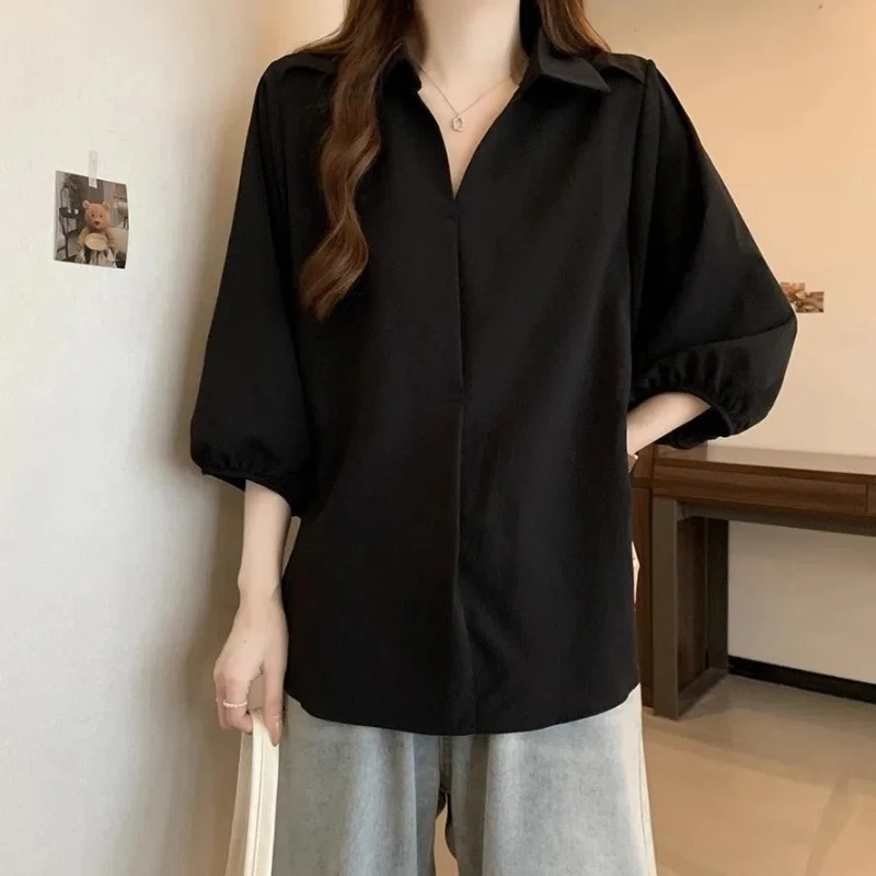 New Women\'s 2024 Summer Spliced Polo Shirt Lantern Sleeve Fashion Solid Color Loose Casual Seven Quarter Sleeve Blouses Shirts