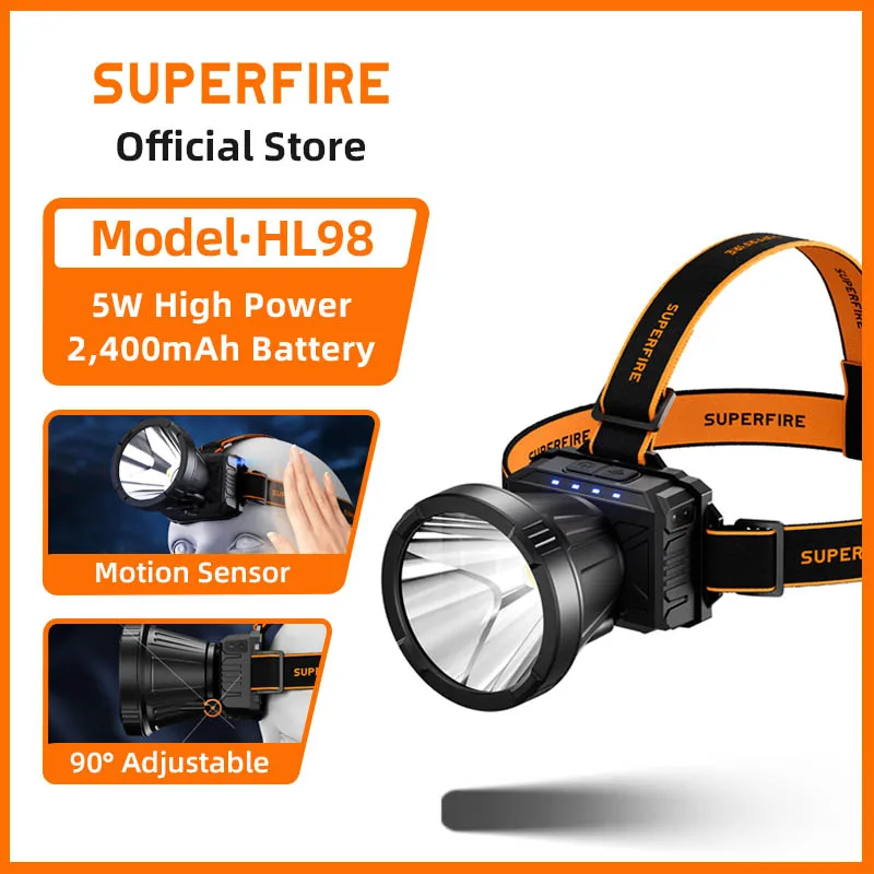 

SUPERFIRE HL98 Super Bright LED Headlamp Induction Headlight Waterproof USB C Rechargeable Work Light Fishing Camping Lantern