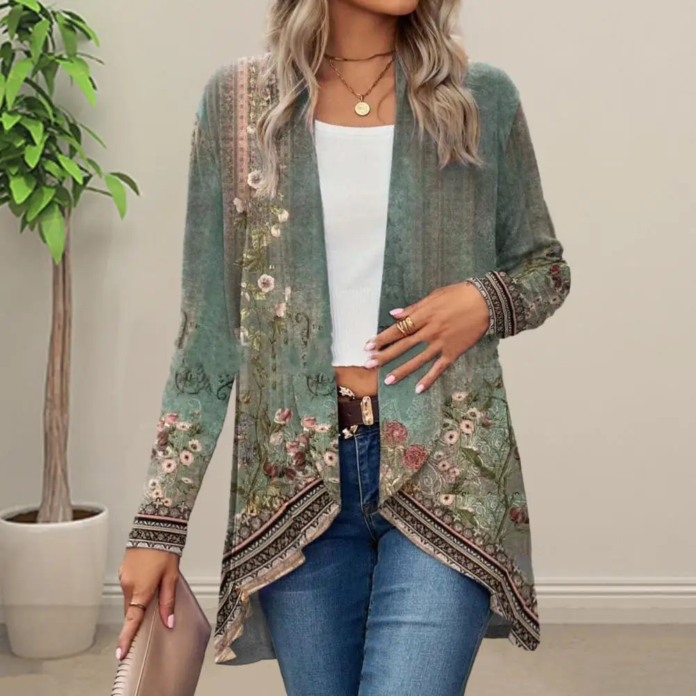 Women Spring Autumn Cardigan Coat Long Sleeve Collarless Mid-length Coat Irregular Hem Open Front Floral Print Outerwear