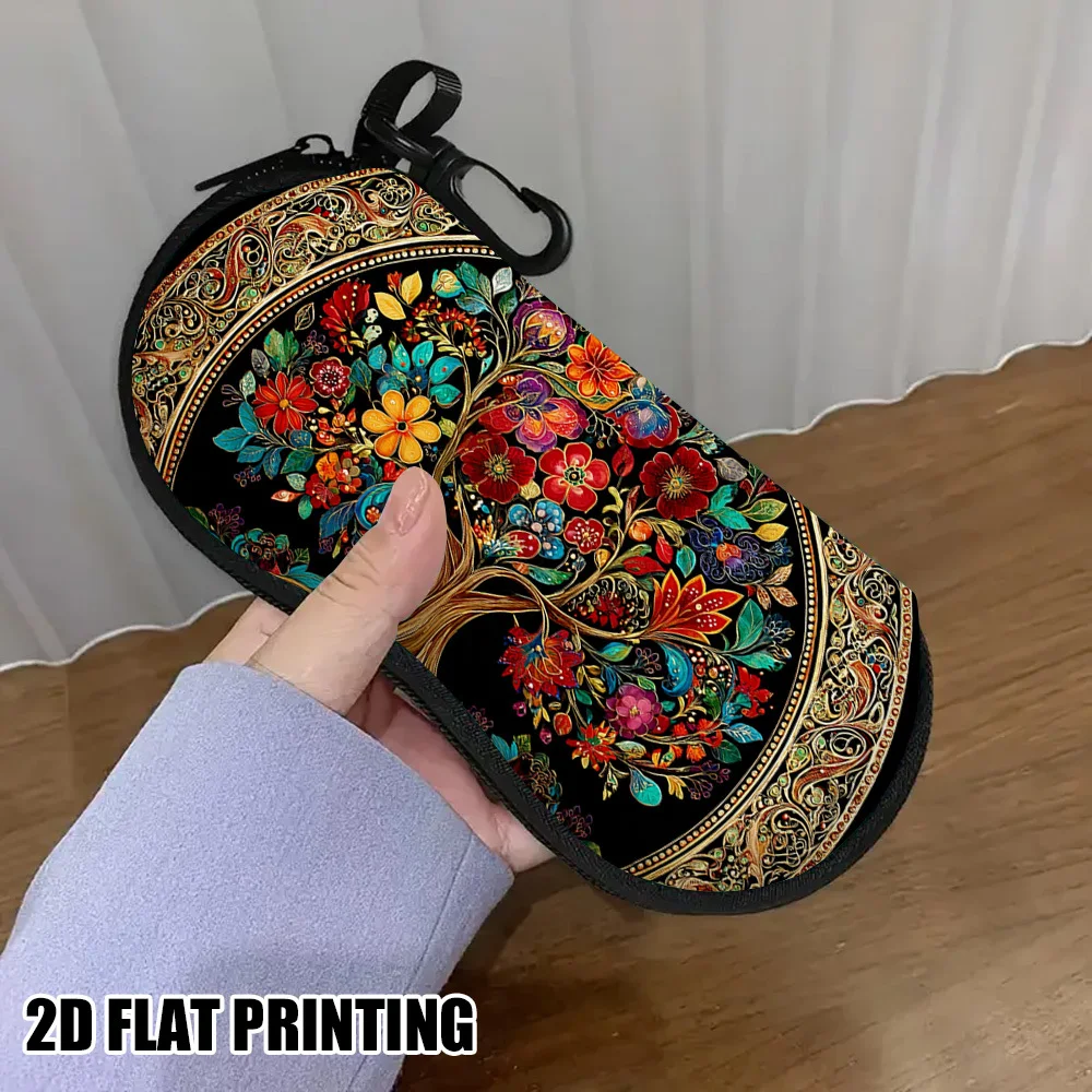2D Flat Tree of Life Glasses Case, Ultra-Light Portable Zip Pouch w/ Keychain, Unisex for Regular/Reading Glasses, Random Zipper