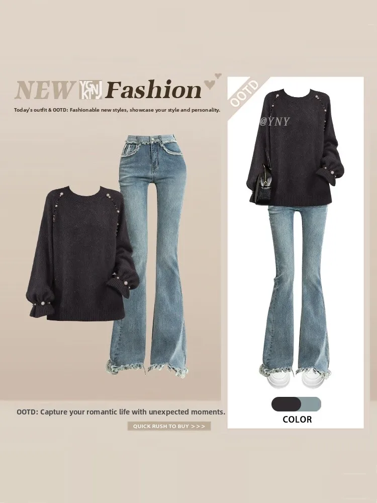 

Soft Cozy Winter Faion Two-Piece Set Women's round Ne Knitted Sweater Jeans Gentle Sle Ensemble High Waist Long Pants